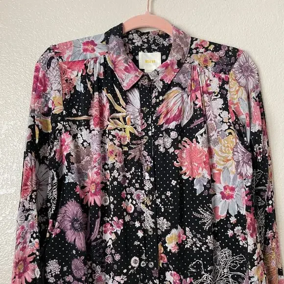 Anthropologie Maeve Top‎ Womens Medium Black Pink Floral Button Up Tunic Boho - Picture 4 of 11